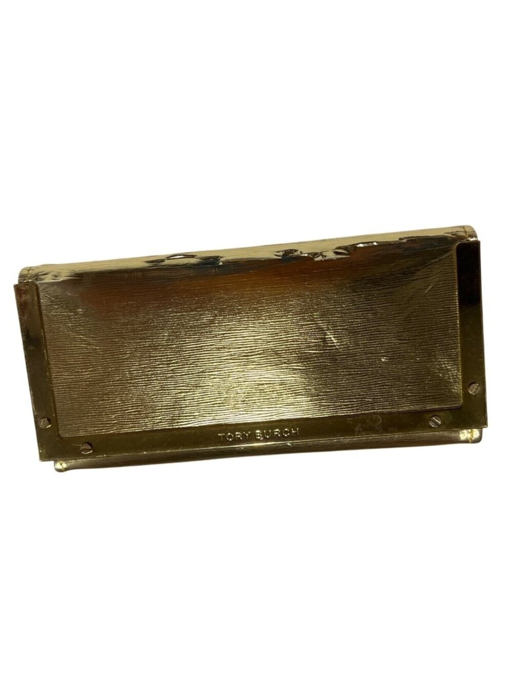 Tory Burch Gold Metallic Leather Cosmetic Case 7" X 3" Rectangular Design 2s